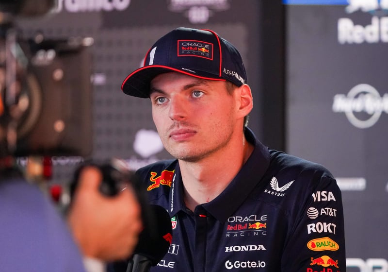 Max Verstappen talking to the press in Imola