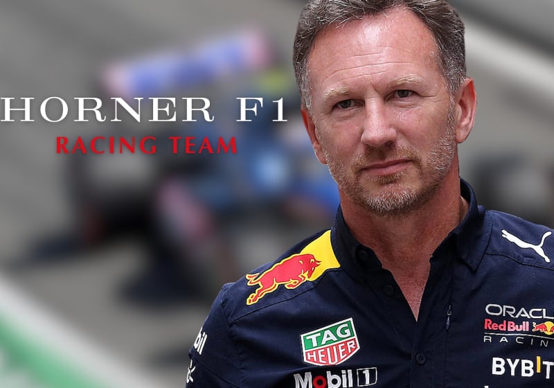 Christian Horner stands with a mocked up logo of an eponymous racing team