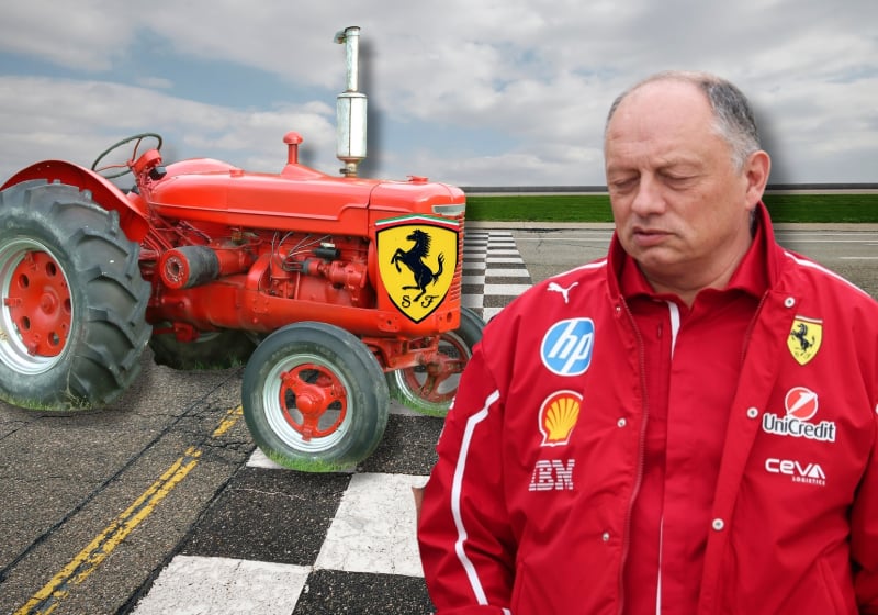 Fred Vasseur looks on at a mocked up Ferrari tractor