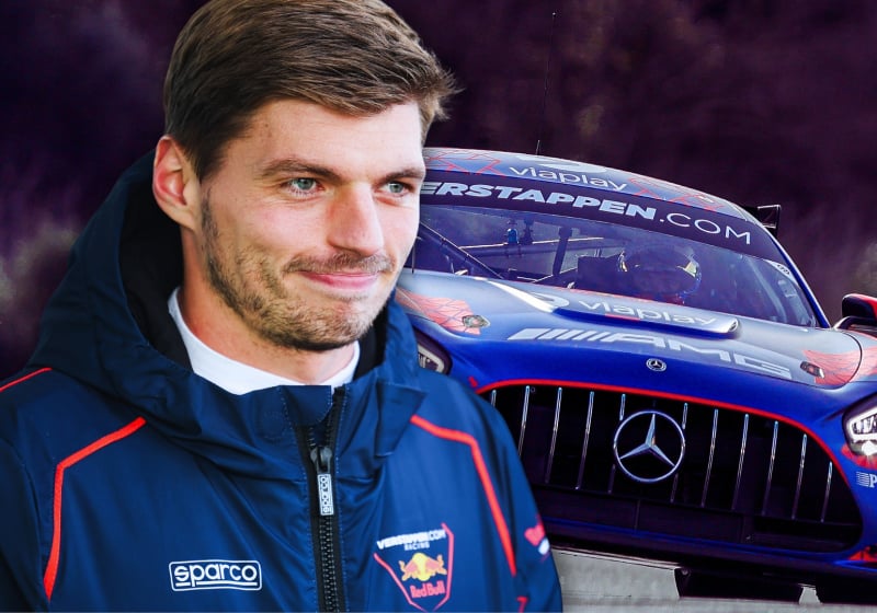 Verstappen in gt racing kit smiling in front of a Verstappen.com branded Mercedes-AMG GT3