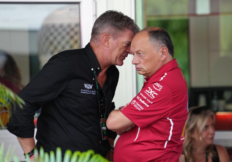 Cadillac F1 TP Graeme Lowdon in conversation with Ferrari chief Fred Vasseur
