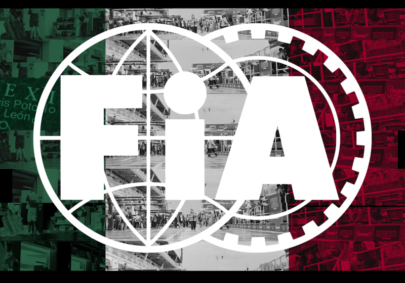 The FIA logo in white with a background of the Mexican flag colours and black and white paddock details