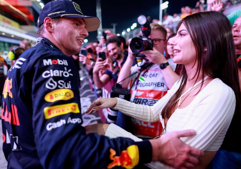 Kelly Piquet and Max Verstappen celebrate at the 2023 Qatar Grand Prix