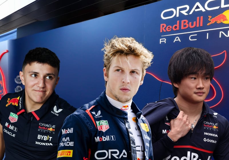 An edit of Isack Hadjar, Liam Lawson and Yuki Tsunoda with a Red Bull logo in the background