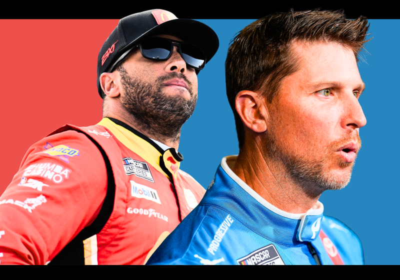 A composite image of 23XI driver Bubba Wallace and owner Denny Hamlin
