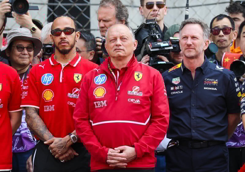 Lewis Hamilton, Fred Vasseur and Christian Horner face the camera expressionless with their arms by their side