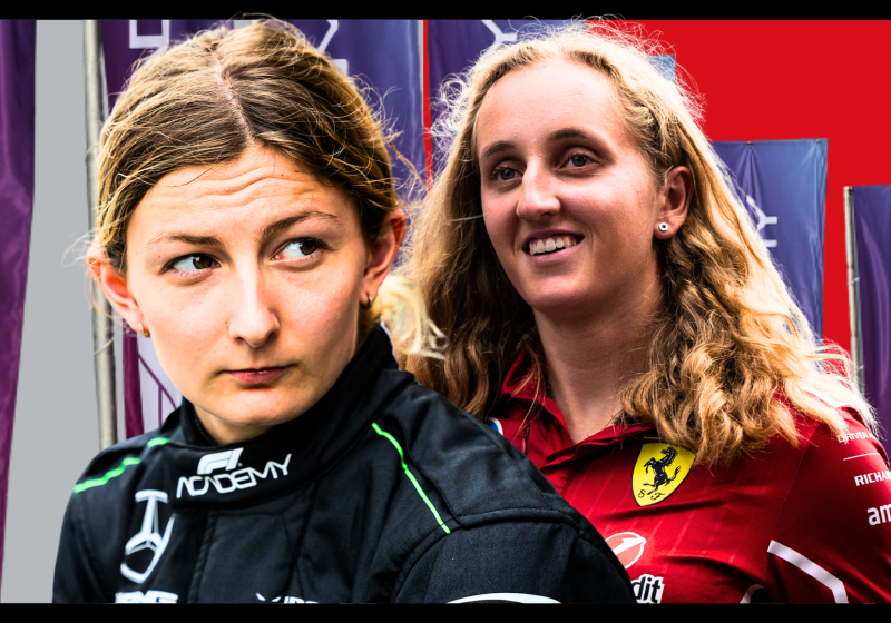 Edited image of Pin looking serious and Weug smiling in front of a background of purple F1 Academy flags