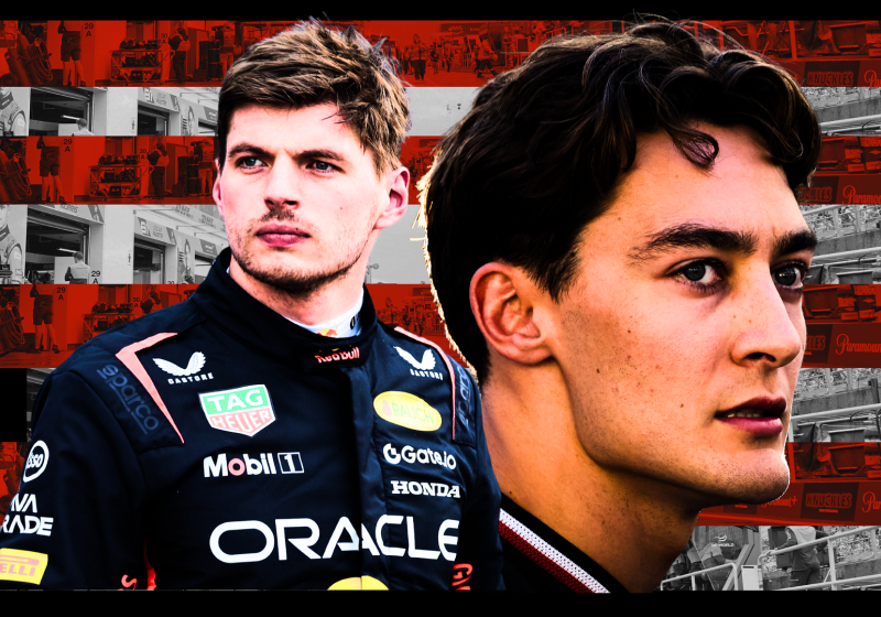 Max Verstappen and George Russell with a Canadian Grand Prix coloured background