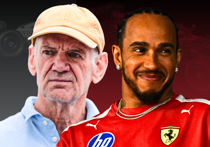 Newey looking annoyed with green Aston Martin background and Hamilton smiling with red Ferrari background