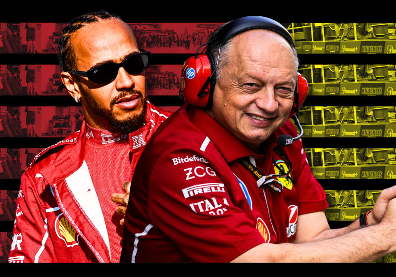 Hamilton looking serious and Vasseur smiling with a red, yellow and black background
