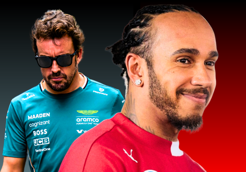 An edited image of a grumpy Alonso and a smiling Hamilton with a green and red ombre background