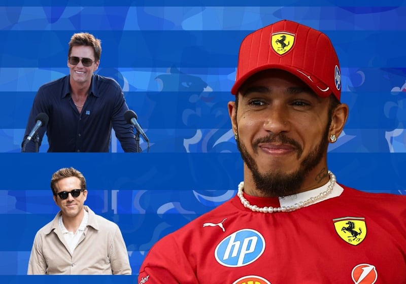 Lewis Hamilton looks over at Tom Brady and Ryan Reynolds in a graphic composite