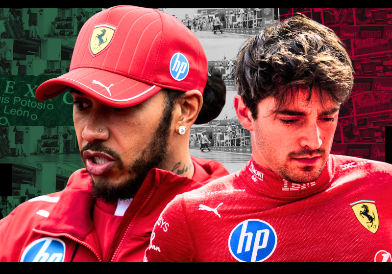 Hamilton and Leclerc in Ferrari kit with sad expressions in front of a Mexican flag-themed F1 background