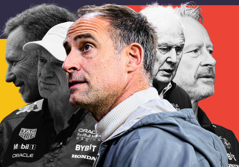 Horner, Newey, Marko and Wheatley in black and white with Mintzlaff in colour at the front looking intrigued