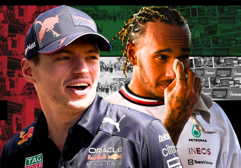 Max Verstappen and Lewis Hamilton look on in a composite with an Abu Dhabi flag behind them