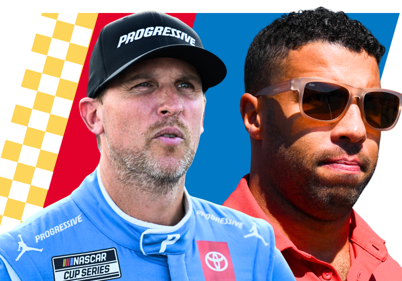 A composite image of 23XI driver Bubba Wallace and owner Denny Hamlin