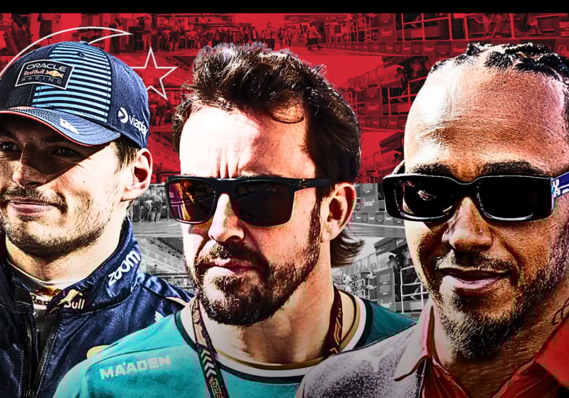 Verstappen, Alonso and Hamilton edited in front of a Singapore flag background