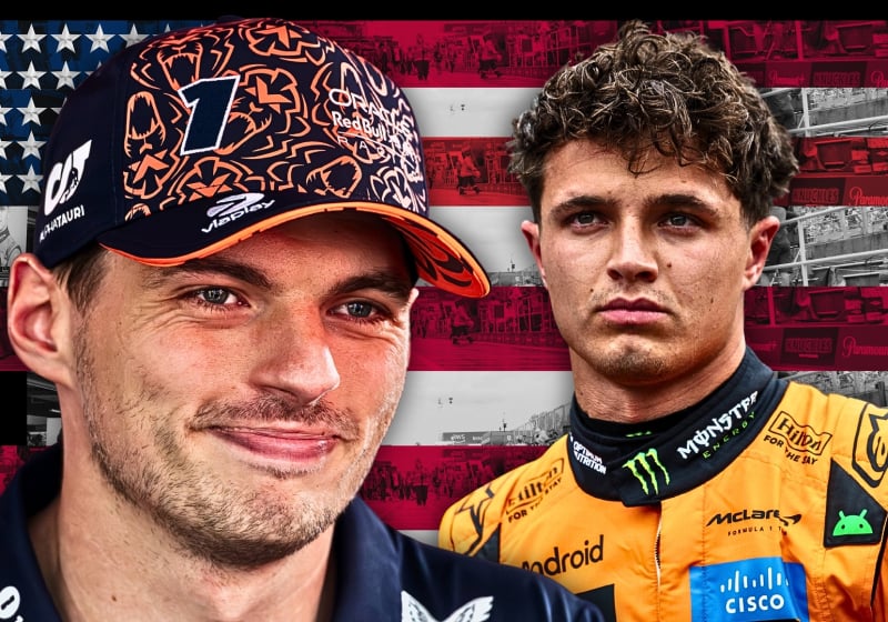 A composite image of Max Verstappen and Lando Norris with the US flag in the background