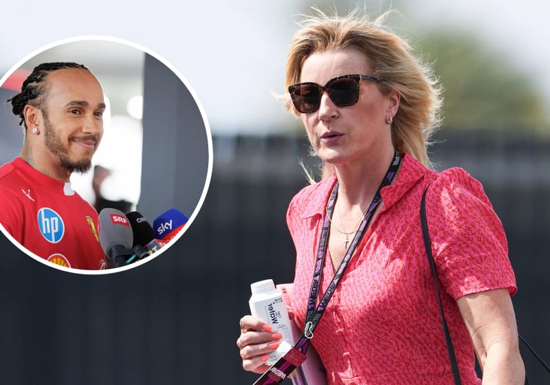 Rachel Brookes walks into the F1 paddock as Lewis Hamilton (inset) looks on