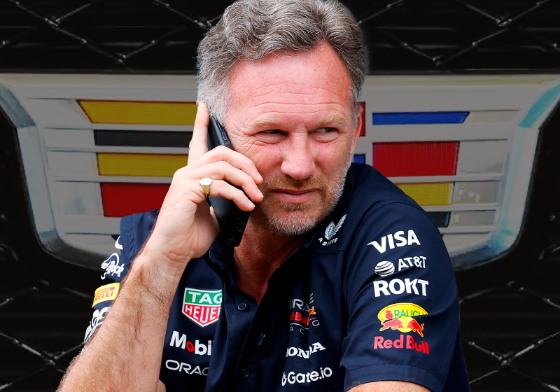 Christian Horner in front of Cadillac logo