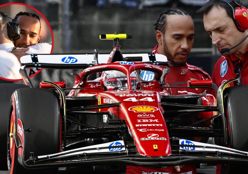 Lewis Hamilton drives his SF-25, flanked by a picture of him in talks with Adami on one side, and hugging Bono on the other