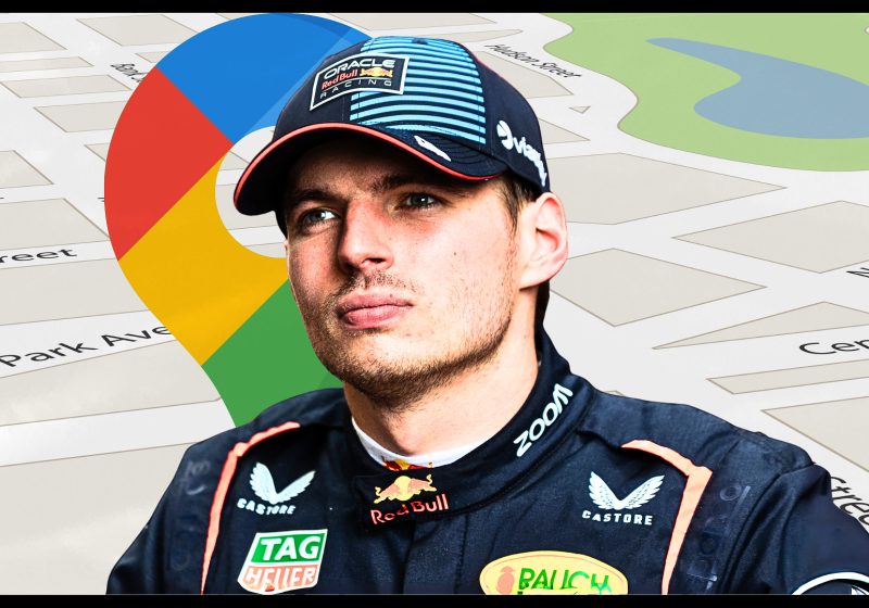 Max Verstappen in front of a Google Maps logo
