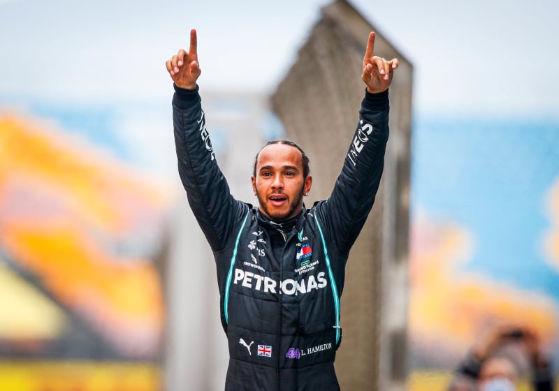Lewis Hamilton celebrates his seventh world title at the 2020 Turkish GP