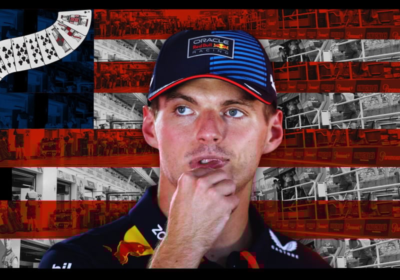 Verstappen looking quizzical in Red Bull tee and hat edited in front of a Vegas-themed F1 paddock background