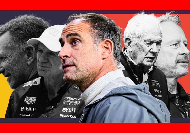 Edited image of Horner, Newey, Wheatley and Marko all in black and white with Mintzlaff in colour and a red background