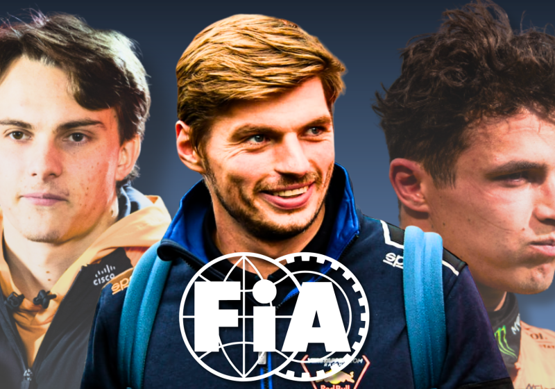 A smug-looking Verstappen with Norris and Piastri either side with annoyed expressions. There is a blue background and a white FIA logo in front of the drivers.