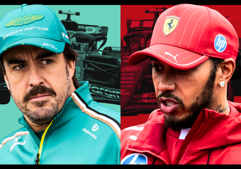 A composite image split down the middle with Alonso in Aston Martin green with a green background on the left and Hamilton in Ferrari red with a red background on the right. Both are serious headshots with their cars behind them