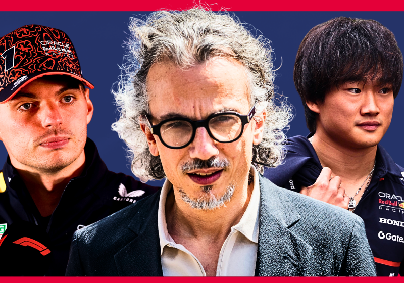 Composite image of Verstappen, Mekies and Tsunoda looking concerned