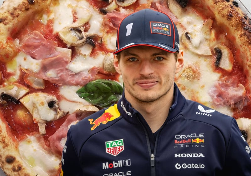 Max Verstappen is pictured with a Neapoliton Pizza behind him
