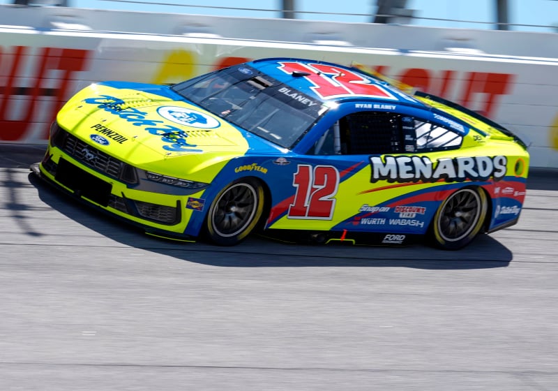 An image of NASCAR driver Ryan Blaney driving at Darlington Raceway
