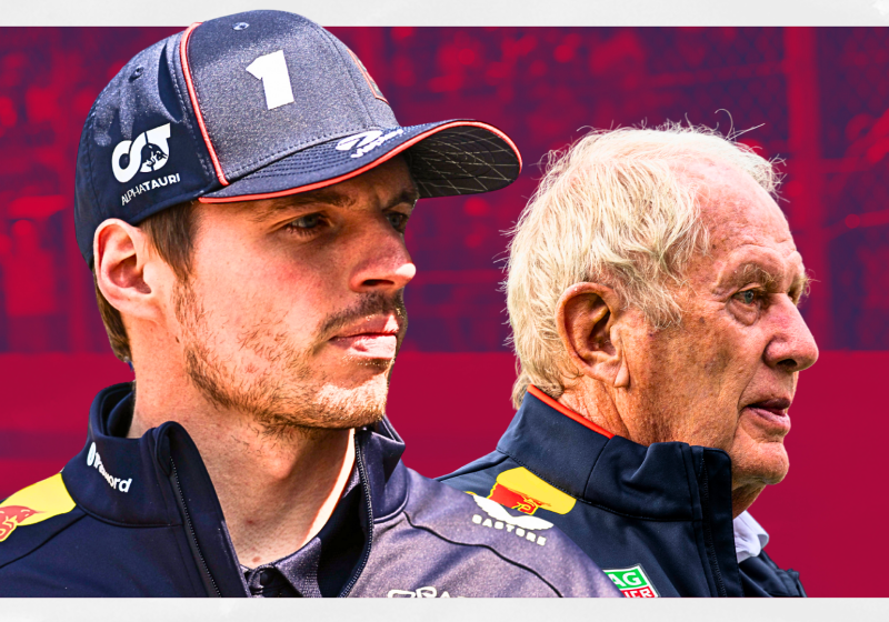 Composite image of Max Verstappen looking at Helmut Marko with a Red Bull graphic background
