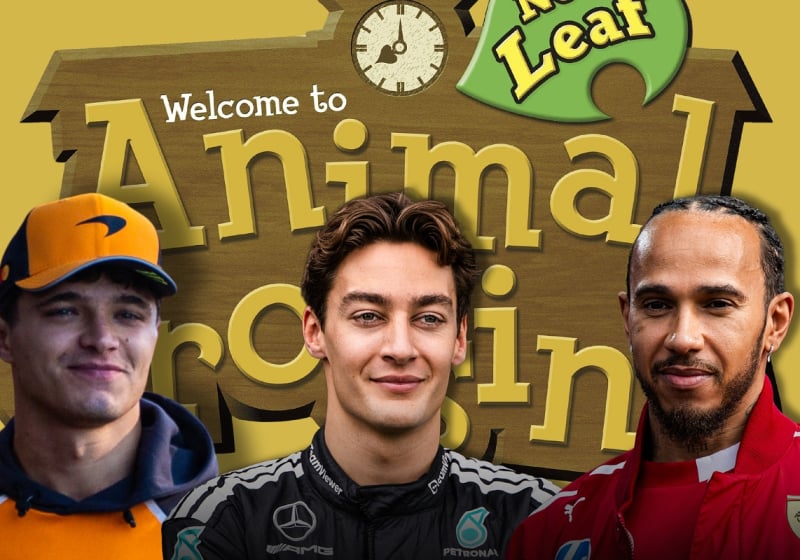 The Animal Crossing logo sits behind Lewis Hamilton, Lando Norris and George Russell, all of whom are smiling