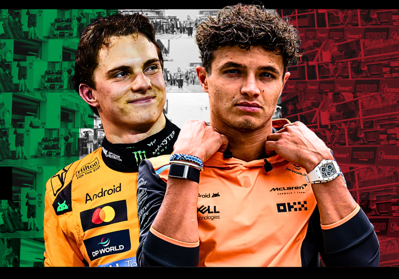 Lando Norris and Oscar Piastri in front of an Italian flag themed background shot of the Italian GP