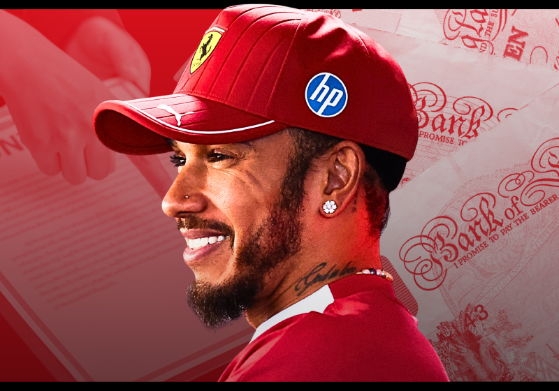 Lewis Hamilton's profile with an edited contract and money in the background