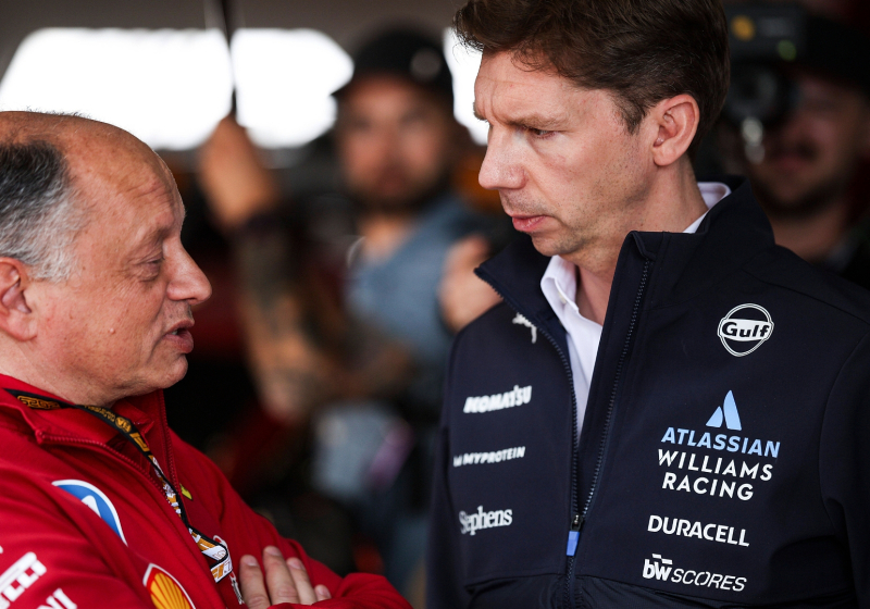 Ferrari boss Fred Vasseur and Williams principal James Vowles in conversation