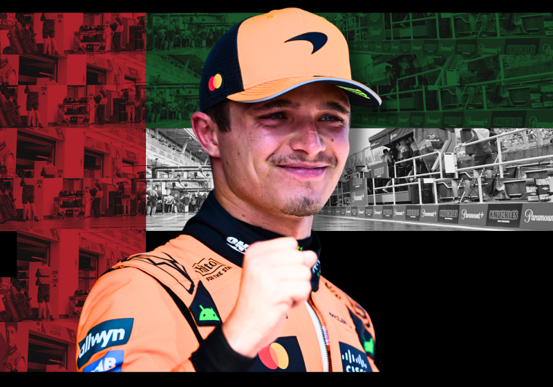 Lando Norris smiling and celebrating edited onto a background of UAE flag