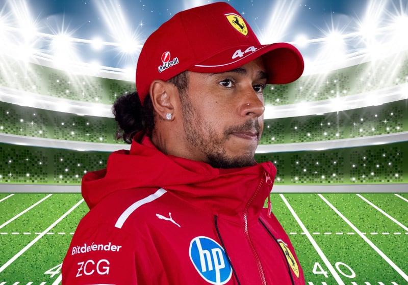 Lewis Hamilton with an NFL stadium graphic in the background