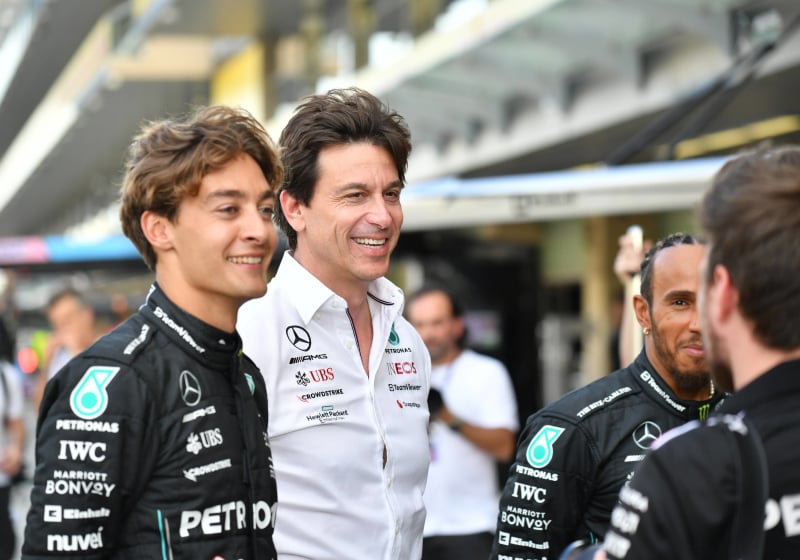 Russell, Wolff, Hamilton, Mercedes, Abu Dhabi, 2023