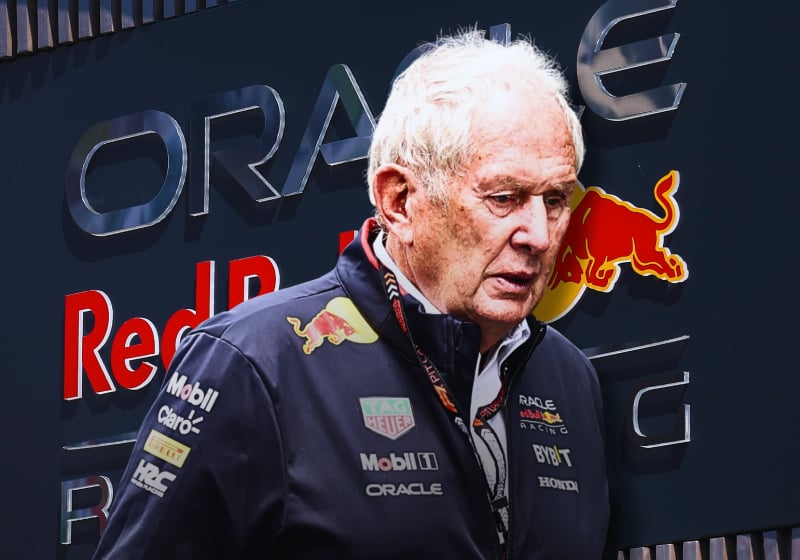 Composite image of Helmut Marko in front of Red Bull logo