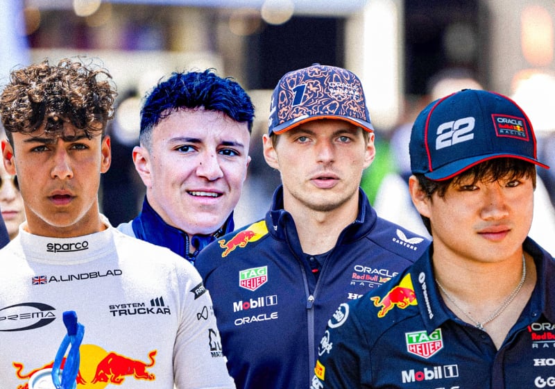 An edited image of Lindblad, Hadjar, Verstappen and Tsunoda all lined up in various Red Bull race suits