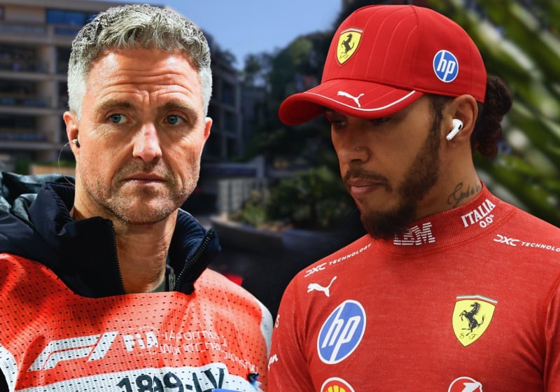 Composite image of F1 pundit Ralf Schumacher in a media vest with Lewis Hamilton in Ferrari kit