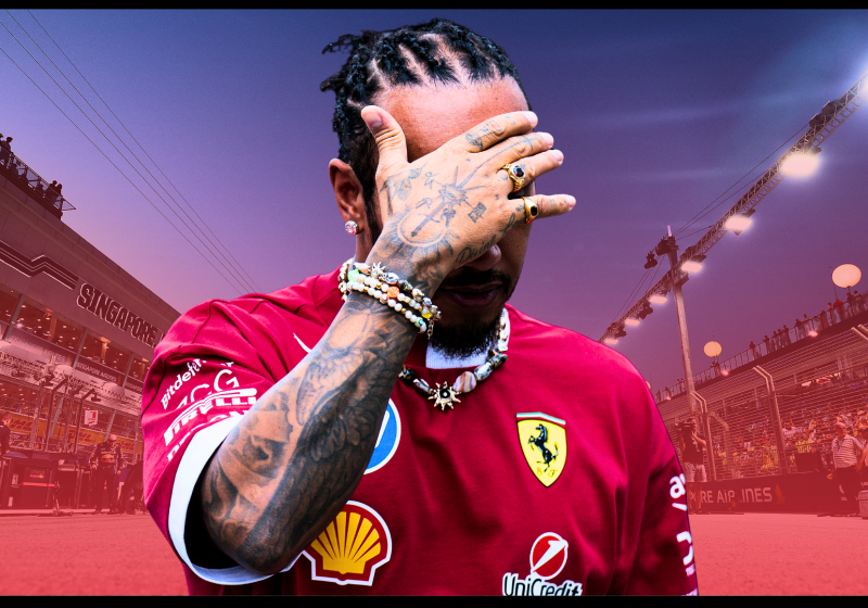 Lewis Hamilton looking downcast edited in front of a background of the Singapore GP circuit