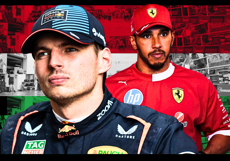Lewis Hamilton and Max Verstappen in front of the Hungarian flag