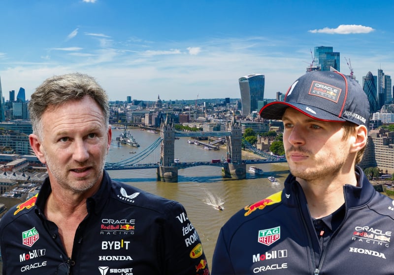 Christian Horner and Max Verstappen look out over sunny London