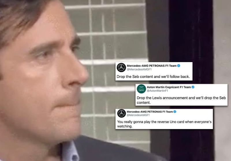 Aston Martin en Mercedes nemen elkaar flink in de zeik op Twitter