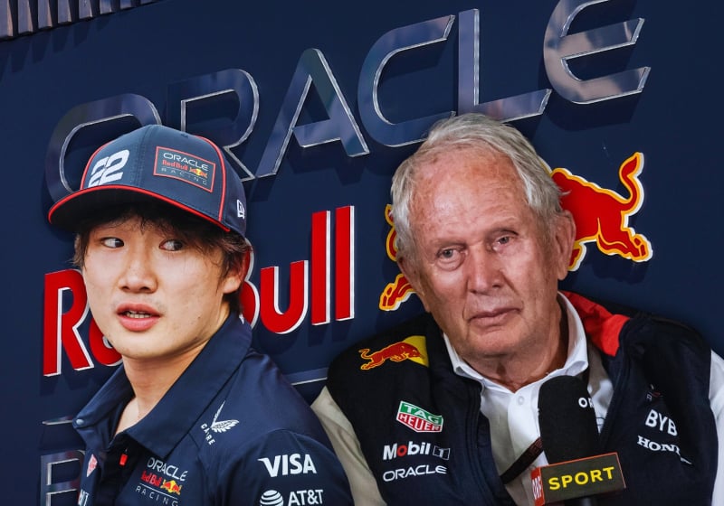 composite image of marko and tsunoda in front of the red bull racing logo